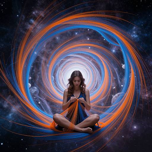 Photograph of a woman with long brown hair, sitting cross-legged in a dark blue dress, surrounded by swirling orange and blue light vortex against a star