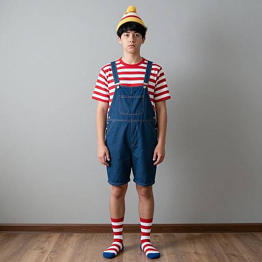 Photograph of a young boy in red-and-white striped shirt, blue denim overalls, matching socks, and yellow construction hat, standing against a plain