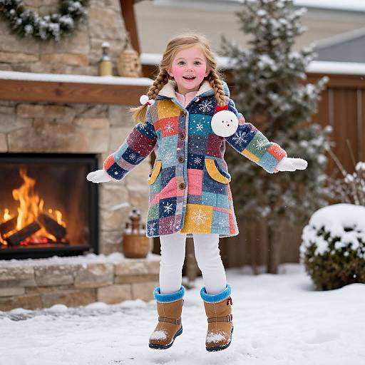 Photograph of a young blonde girl in a colorful patchwork coat, white pants, and brown boots, smiling with a snowman ornament, standing in