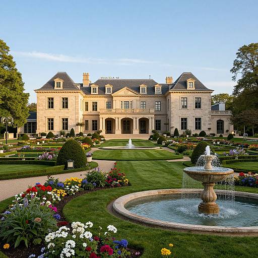 Photograph of a grand, cream-colored, French-style mansion with a central fountain, manicured gardens, and vibrant flowerbeds under a clear blue