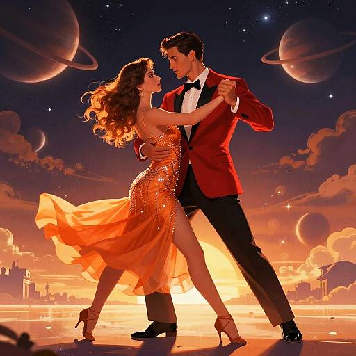 Stylish couple dancing under a starry, planet-filled sky in vibrant orange dresses and red suits, with city silhouettes in the background.