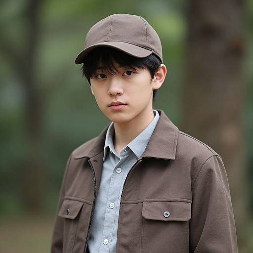 Photograph of an Asian teenage boy with fair skin, black hair, wearing a brown cap, brown jacket over a light blue shirt, standing in a