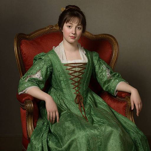 Photograph of a young woman in an 18th-century green silk gown with lace trim, brown corset lacing, seated on a red velvet