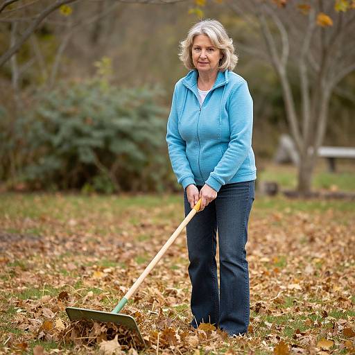 Photograph of a middle-aged blonde woman in a blue zip-up jacket and blue jeans, raking autumn leaves in a park.