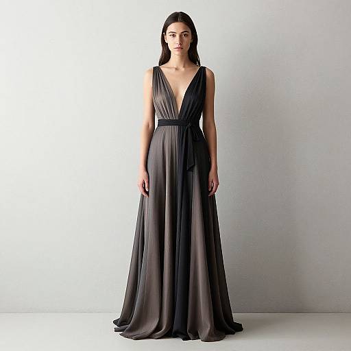 Photograph of a woman with long black hair wearing a floor-length, deep V-neck, black chiffon gown with a cinched waist, standing against