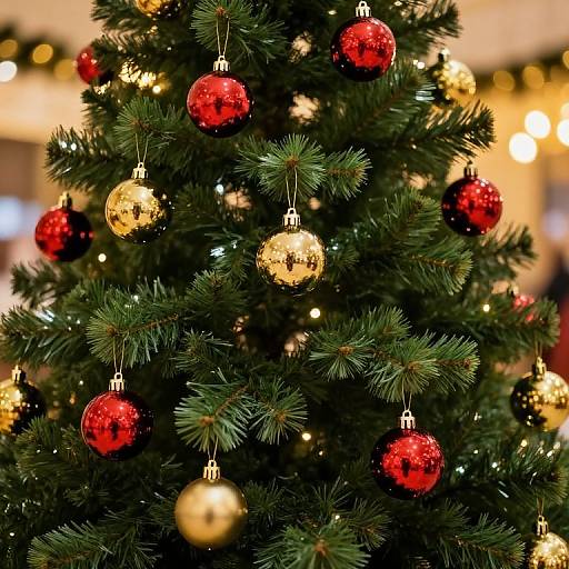 Photograph of a Christmas tree adorned with red and gold glittery baubles, surrounded by soft, warm yellow lights, in a blurred indoor setting