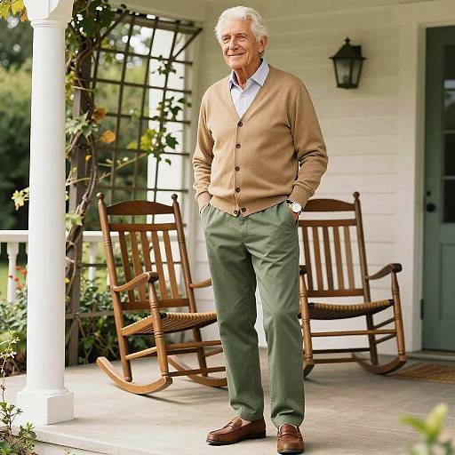 Photograph of an elderly white man with white hair, smiling, wearing a beige cardigan, light blue shirt, green pants, and brown shoes,