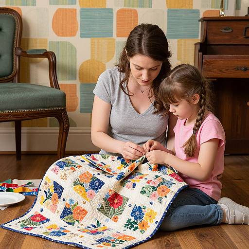 Photograph of a mother with brown hair in a gray shirt and a young daughter with braids in a pink shirt, sewing a colorful quilt on a
