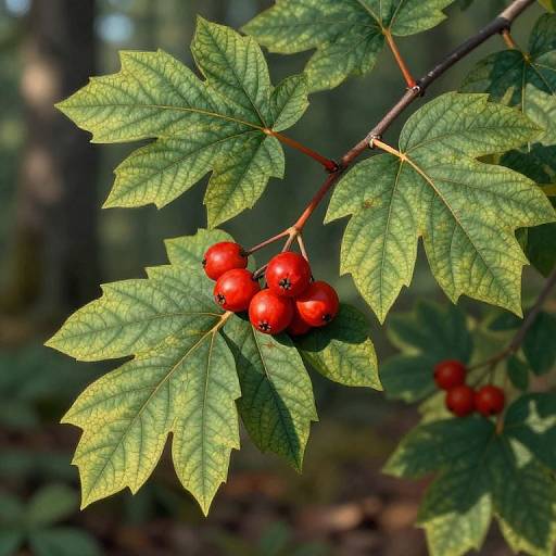 Photograph of bright red berries clustered on a branch with vibrant green, serrated leaves, set against a sunlit forest background.
