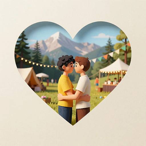 Digital illustration of two cartoon men, one in yellow shirt, one in white, kissing in a heart-shaped frame, set against a mountainous outdoor camp