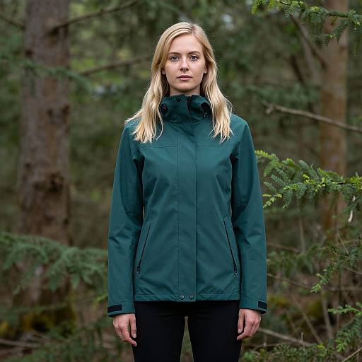 Photograph of a blonde woman with fair skin, wearing a dark green jacket and black pants, standing in a dense forest.