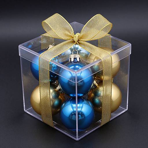 Photograph of a clear, cubic box with a gold ribbon bow, containing blue and gold Christmas ornaments, illuminated by a small white light. Black background