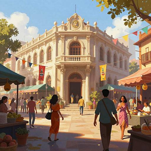 Bustling Market Street with Ornate Bank