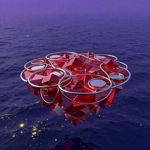 Digital art of glowing red geometric cubes with circular rings floating on a dark blue ocean under a purple sky.