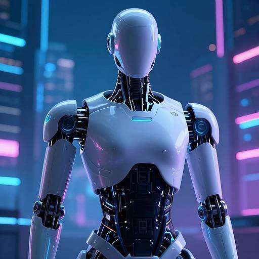 Photorealistic CGI of a futuristic, white and black humanoid robot with a sleek, featureless face, standing in a neon-lit cityscape.