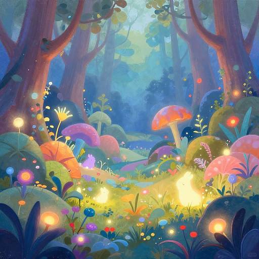 Whimsical digital painting of a glowing forest with colorful mushrooms, fireflies, and vibrant flowers under tall trees in a magical, blue-lit woodland