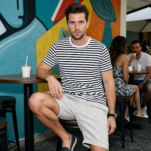 Photograph of a bearded man with short brown hair, wearing a black-and-white striped shirt and white shorts, sitting at a modern café with colorful