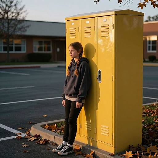 Photograph of a young girl with light brown hair in a braid, wearing a black hoodie, black pants, and black sneakers, leaning against a