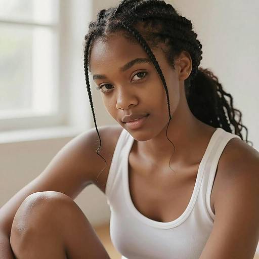Photograph of a young Black woman with dark skin and long, twisted braids, wearing a white tank top, sitting indoors by a bright window.