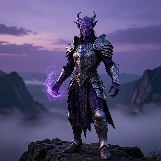 Digital artwork of a purple-skinned, horned, armored warrior with glowing purple magic in hand, standing on a rocky cliff at twilight.
