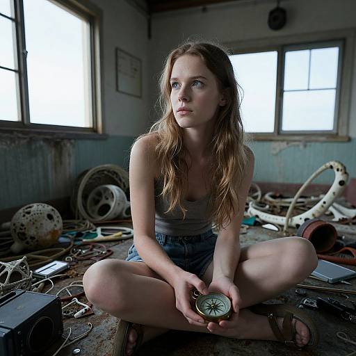 Photograph of a young, fair-skinned woman with long brown hair, wearing a gray tank top and denim shorts, sitting cross-legged in a clutter