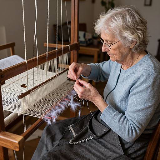 Elderly woman with white hair and glasses, wearing blue sweater and black skirt, weaving on wooden loom, creating glowing yarn.