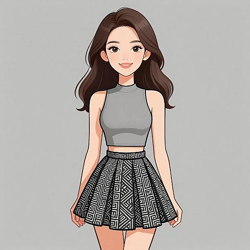 Digital anime-style drawing of a smiling young woman with long brown hair, wearing a gray sleeveless top and a black-and-white patterned skirt, against