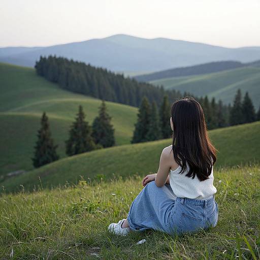Contemplative Woman on Serene Hillside