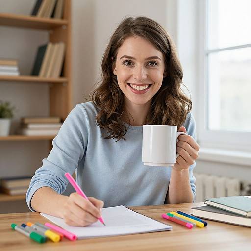 Bright Smiling Woman Writing at Table