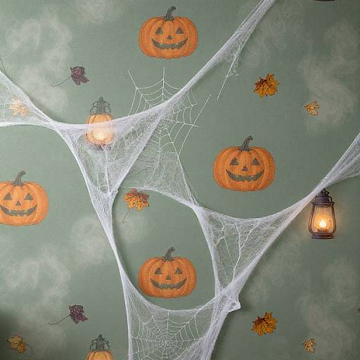 Halloween-themed photograph: orange jack-o'-lanterns with carved faces, white spiderwebs, glowing lanterns, and scattered autumn leaves on a