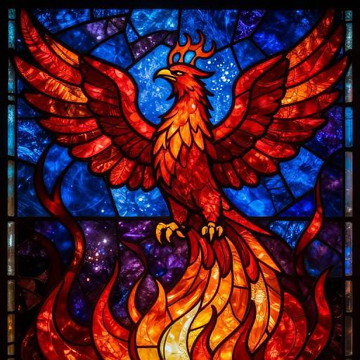 Vibrant stained glass depiction of a fiery red phoenix with outstretched wings, set against a blue and purple cosmic background.