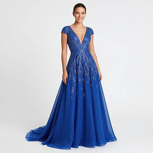 Photograph of a smiling woman in a vibrant blue, V-neck, short-sleeve, floor-length evening gown with sparkling embellishments, standing against