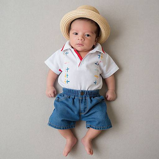 Photograph of a baby with light brown skin, wearing a straw hat, white polo shirt, and blue denim shorts, against a plain white background.