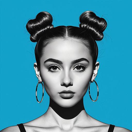 High-Bun Monochrome Caricature with Blue Accents