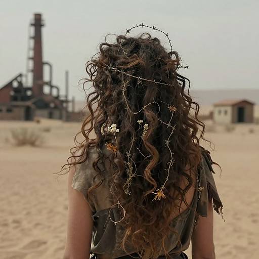 Photograph of a person with long, curly brown hair adorned with thorns and flowers, facing an abandoned desert factory.