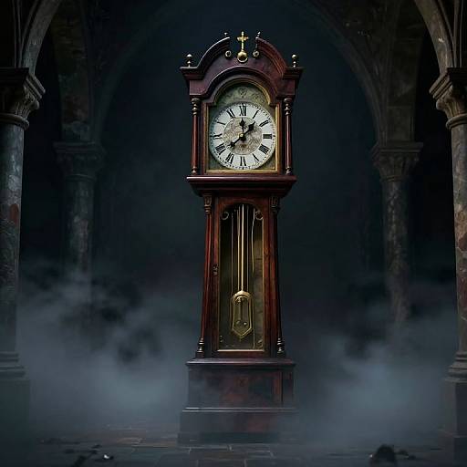 Gothic-style wooden clock with white face, black Roman numerals, and gold accents, set against dark, misty stone arches. Photograph