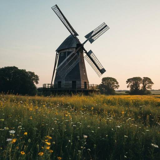 Rustic Windmill by Wildflower Field