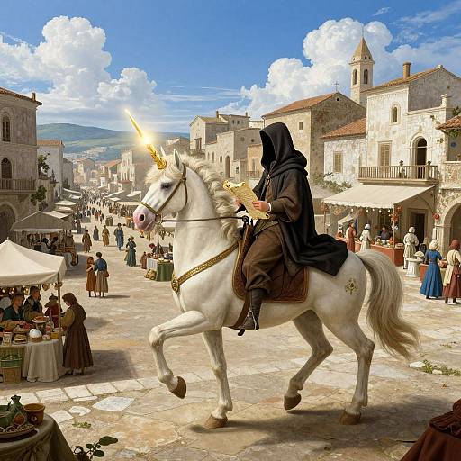 Digital illustration of a hooded figure riding a white unicorn with a glowing horn in a bustling medieval market square.