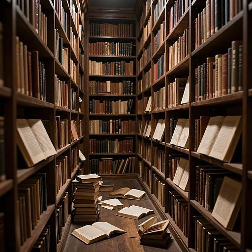 Photograph of a dimly lit, narrow library aisle with tall wooden bookshelves filled with books, open books and stacks on the dark wooden floor