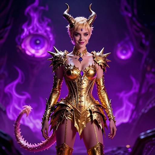 Digital art of a blonde, dragon-woman with golden armor, horns, and a tail, standing against a purple, mystical background.