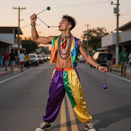 Photograph of a muscular, shirtless Asian man in rainbow vest and colorful satin pants, holding lollipops, walking down a sunlit street