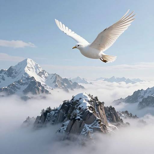 Photograph of a white seagull soaring above a snow-covered mountain range with peaks shrouded in mist and pine trees.