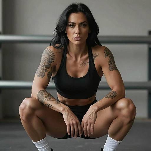 Muscular Tattooed Woman Squatting