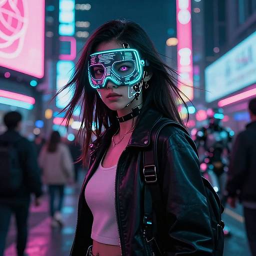 Neon-lit street scene: Asian woman with long black hair, cyberpunk mask, white crop top, black leather jacket, backpack, surrounded by