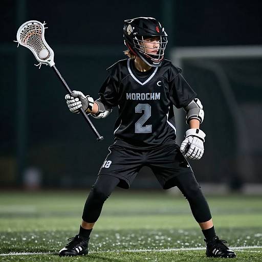 Photograph of a male lacrosse player in black uniform, helmet, and gloves, holding a net, with 