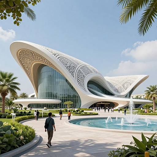 Photograph of an ornately patterned, futuristic white building with curved, flowing architecture, surrounded by palm trees, a blue sky, and a circular