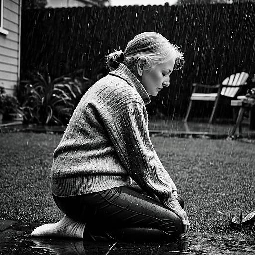 Elderly Woman Kneeling in Rainy Backyard