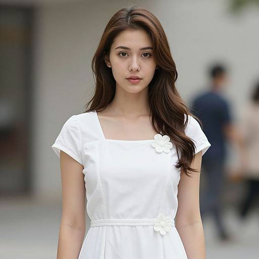 Photograph of an Asian woman with long brown hair, wearing a white short-sleeved dress, standing outdoors with a blurred background.