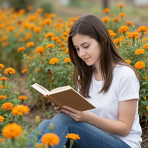 Photograph of a young woman with long dark brown hair, wearing a white t-shirt and blue jeans, reading a book in a vibrant orange marig