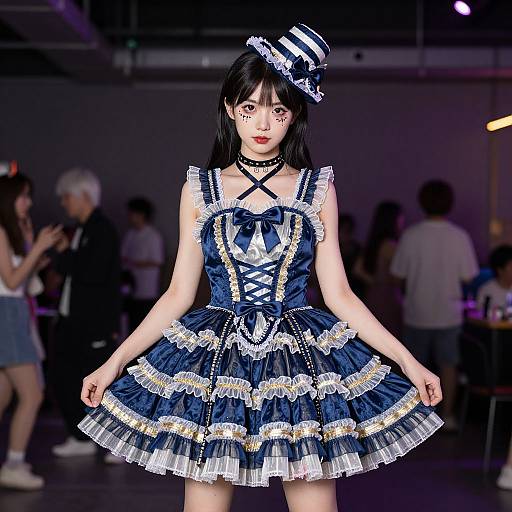 Photograph of an Asian model in a blue and white striped gothic lolita dress with ruffles, black choker, and matching hat, standing